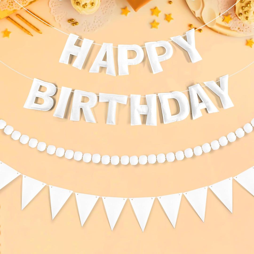 CANREVEL Pre-Strung 3D Rainbow Happy Birthday Banner, 3 PCS Happy Birthday Felt Sign, Pom Pom Garland, Triangle Fabric Bunting, Colorful Reusable Birthday Decorations for Women Men Girls Boys, White