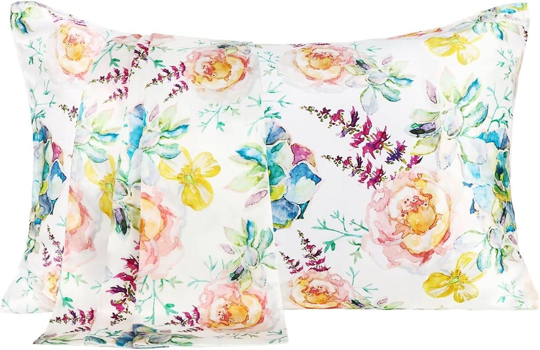 MANSPHIL Pink Blue Floral Silk Pillowcase King, Reversible Satin Pillow Cases for Hair and Skin Envelope Closure, 22 Momme 6A Grade 100% Silk, 20"x36"