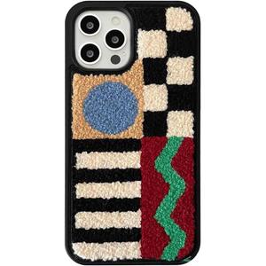 Aesthetic Phone Case for iPhone 15 Pro Max, Retro Checkered Fluffy Carpet Case, Winter Fuzzy Case for iPhone 15 Pro Max (Geometric Checkered)