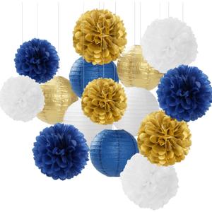 Navy-Blue Gold Party-Decorations Paper-Flowers Lanterns - 15PCS Royal White Baby Bridal Shower Tissue Pom Poms Streamers, Bachelorette Birthday Wedding Graduation Hanging Supplies Decor Hugfond