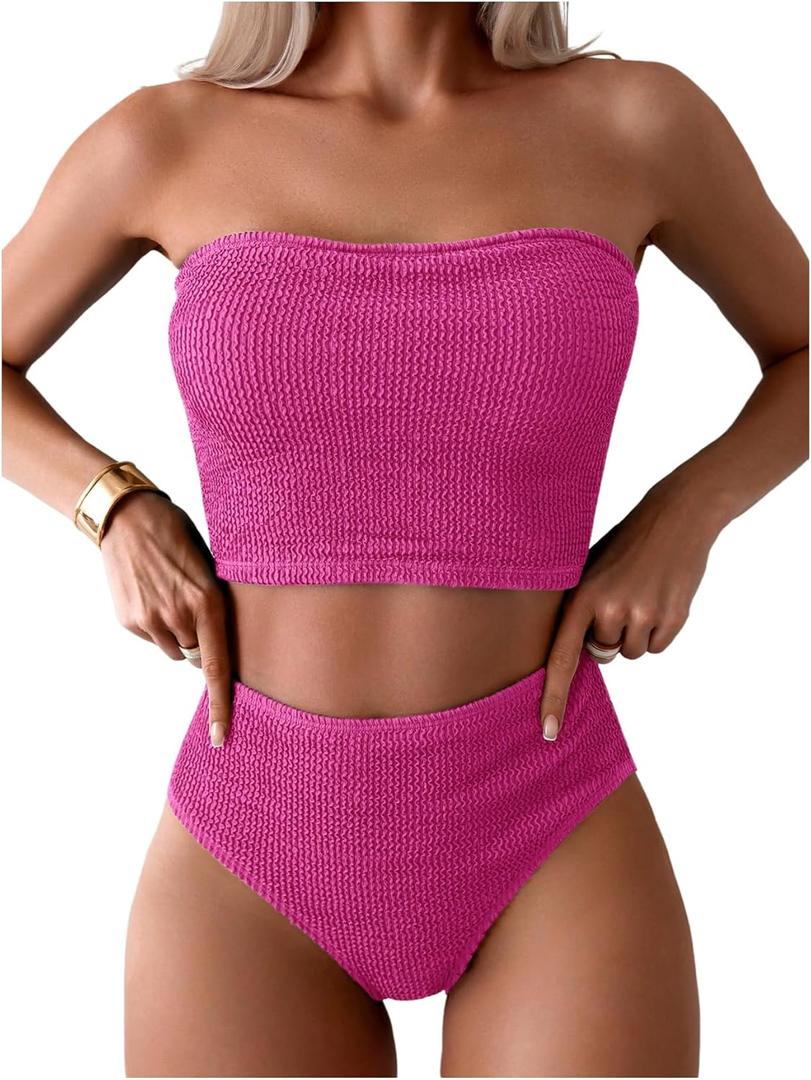 OYOANGLE Women's 2 Piece Strapless Swimsuit High Waisted Smocked Bandeau Bathing Suit (Hot Pink), Small