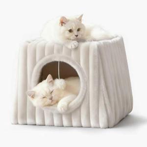 Dogpals Indoor Cat House - Large Cat Bed Cave with Fluffy Balls and Scratch Pads, Foldable House and Apartment with Pads, Suitable for Multiple Cats(White, Large) (Whiite)