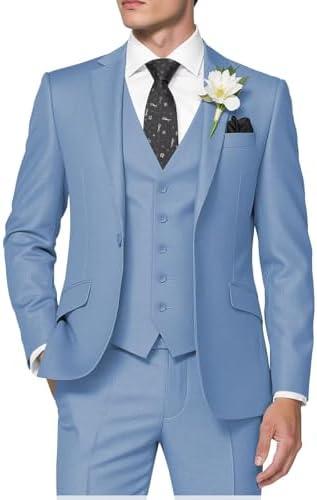 HUUTOE Men's 3 Piece Suits Slim Fit Prom Suits for Men Wedding Dress Suit Summer Blazer Jacket Vest Pants Tuxedo Set, Size Large 