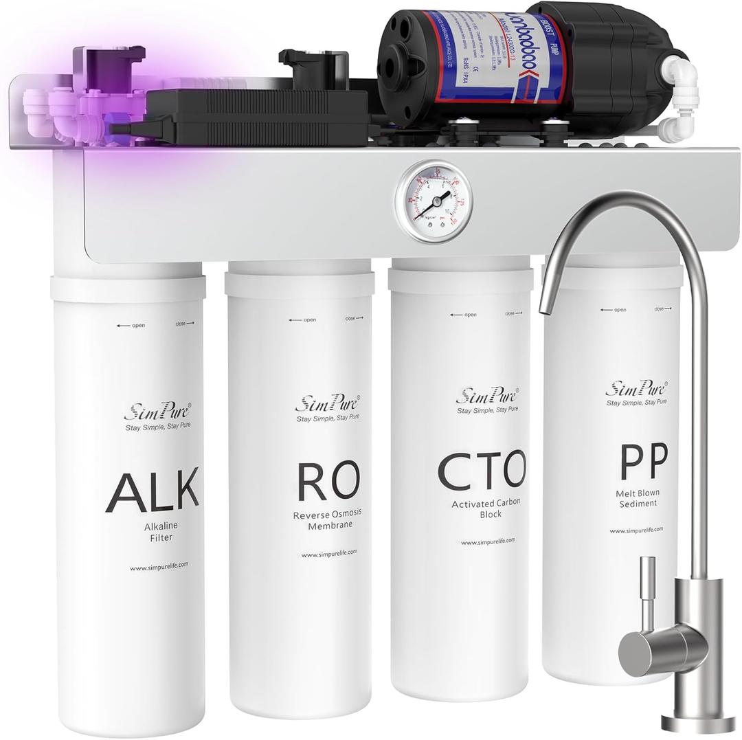 SimPure T1-400ALK Alkaline UV Reverse Osmosis System, NSF/ANSI 58 Certified, Tankless RO Water Filter System 400 GPD, pH+ Remineralization Water Filtration Under Sink, BPA Free, Built-in Pump