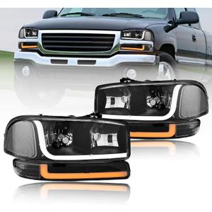 LED DRL Headlights Assembly Compatible with 1999-2007 GMC Sierra/2000-2006 Yukon XL 1500 2500 No Denali Models Replacements Clear Reflector Black Housing