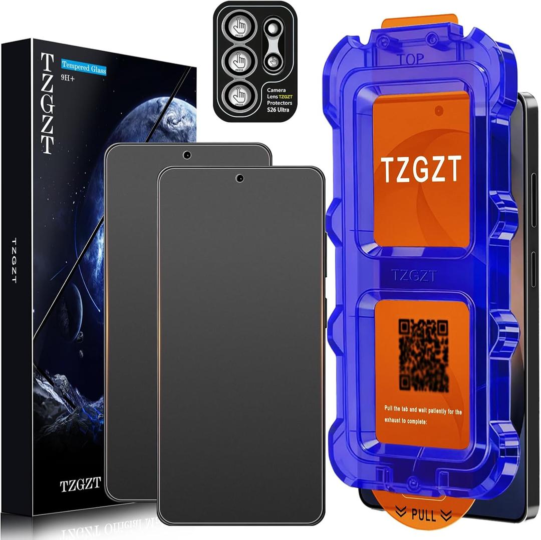 TZGZT 2 Pack for Samsung Galaxy S26 Ultra Matte Screen Protector, Tempered Glass Film, Aluminum Metal Camera Lens Protector Accessories, Automatic 0 Bubble Installation, Case Friendly