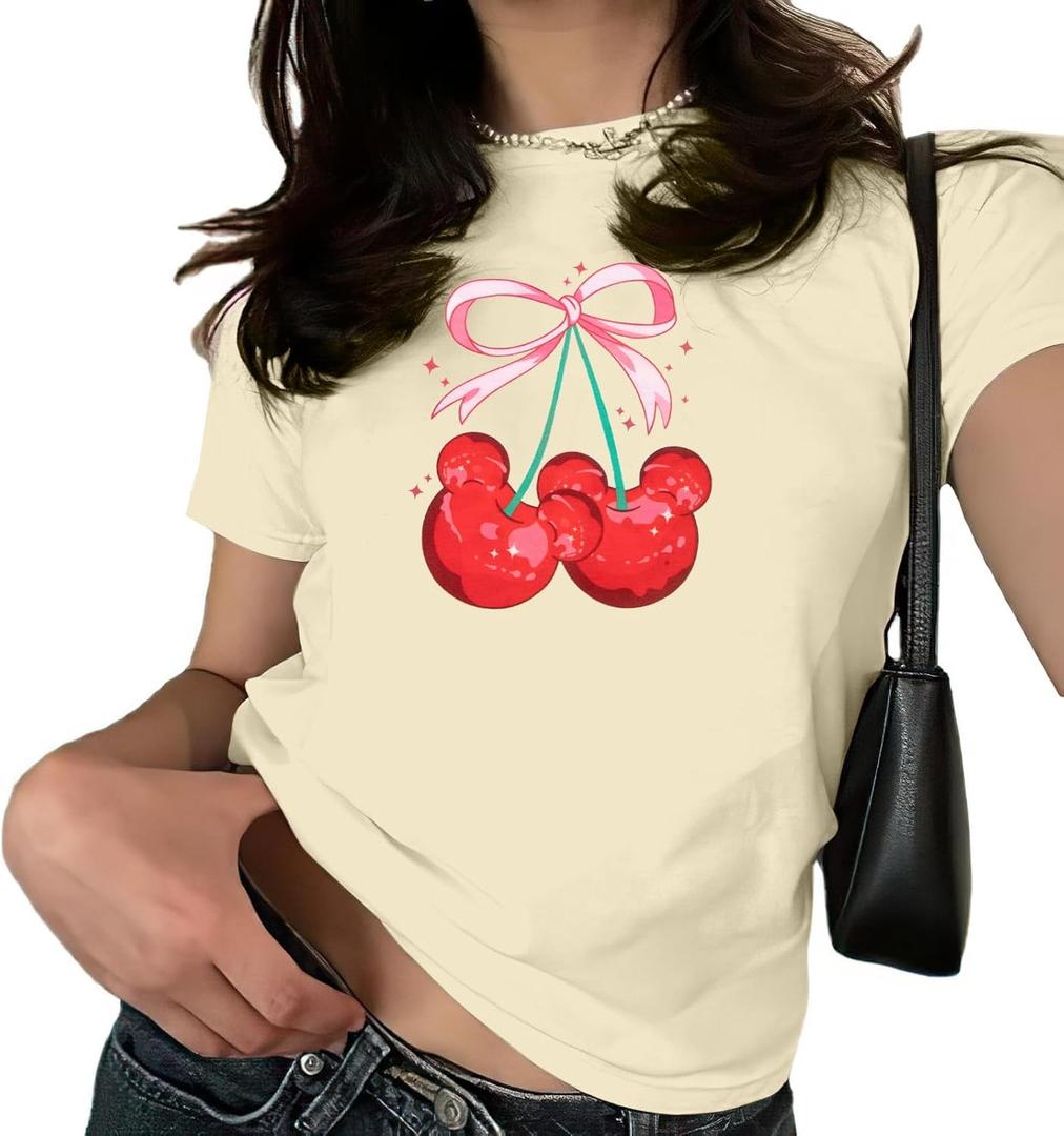 Pink Bow Cherries Shirt Women: Coquette Tops Clean Girl Aesthetic Shirts Casual Summer Short Sleeve Tshirt, Small