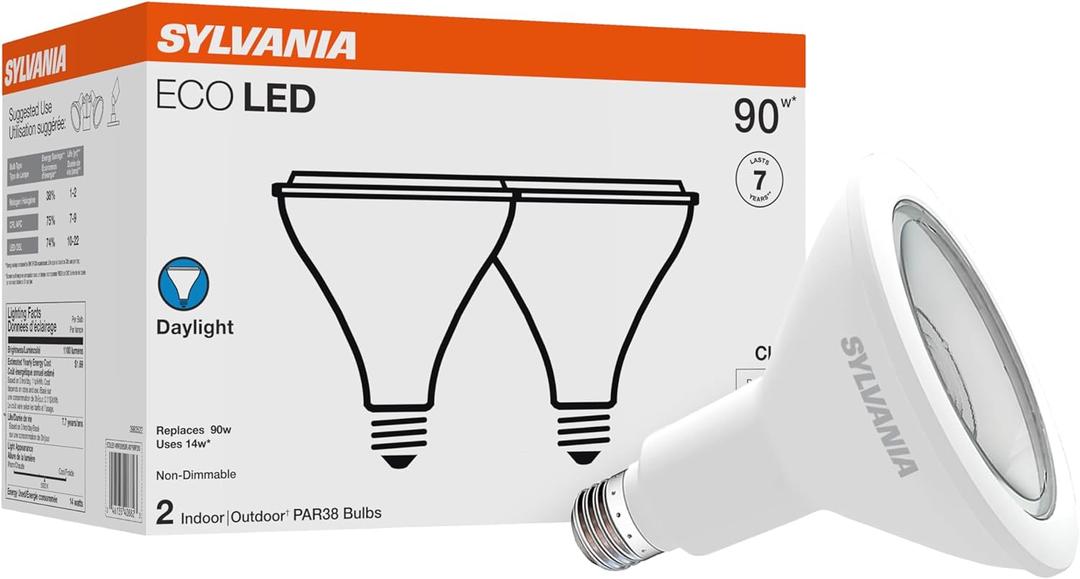SYLVANIA ECO LED PAR38 Light Bulb, 90W = 14W, 7 Year, Non-Dimmable, 1100 Lumens, Clear, 5000K, Daylight  2 Pack (40882)