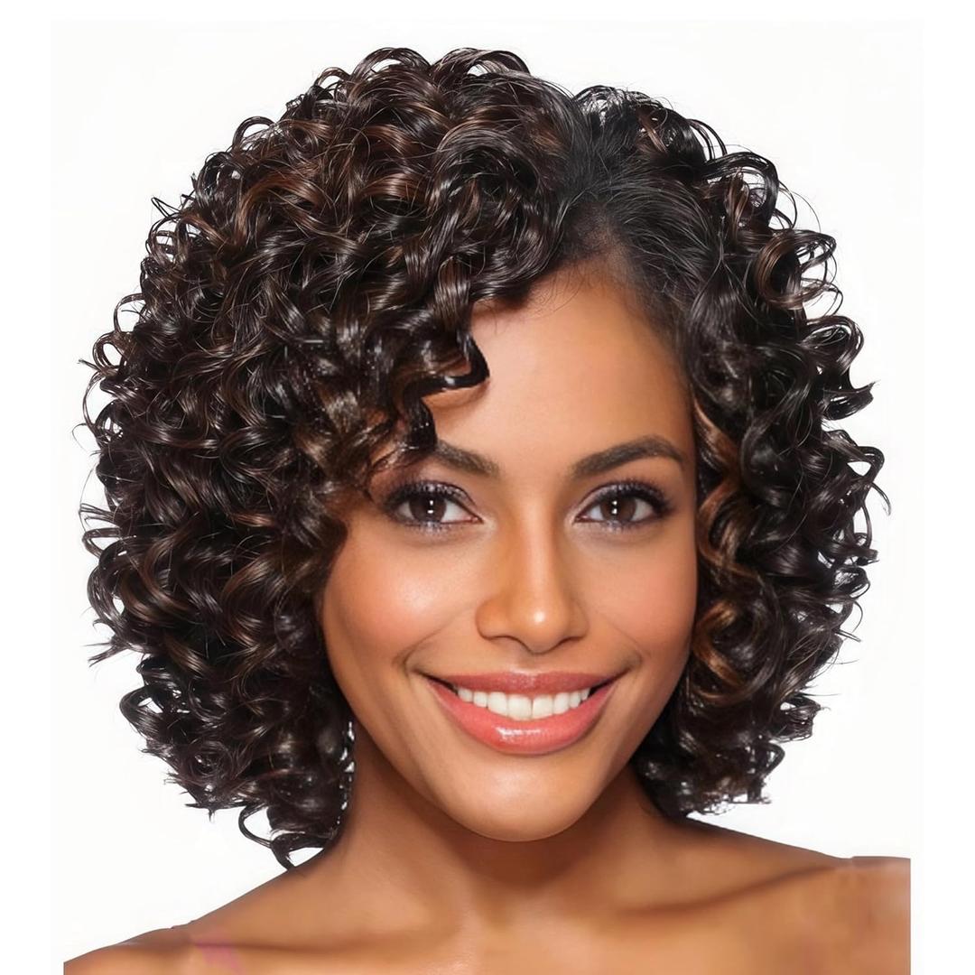 XIUFAXIRUSI XIUFAXIRUSI Short Curly Afro Wigs for Black Women Mixed Brown Kinky Curly Bob Wig with Side Bangs African American Synthetic Full Hair Wig