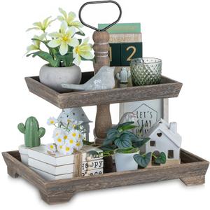 Hanobe Tiered Tray for Table Decor: 2 Tier Serving Stand Farmhouse Decorative Tray for Coffee Bar Centerpiece Rectangle Wood Display Stands Kitchen Counter (Rustic Brown) (15" x 12" x 1.9")