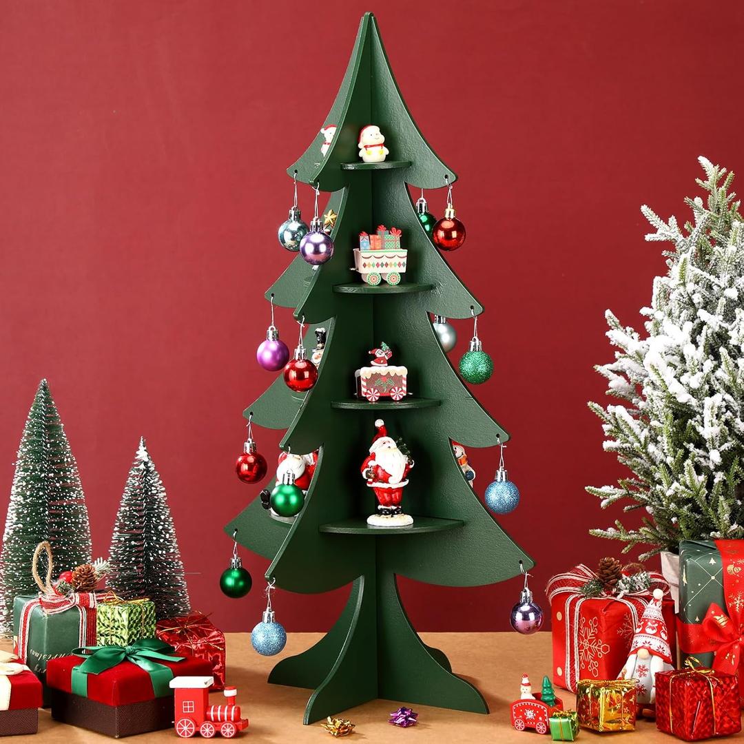 23.6 Inch Wooden Christmas Tree Shelf 4 Tier Display Tree Ornament Stand Corner Wooden Bookshelf Holder for Xmas Holiday Display Decoration(Green)
