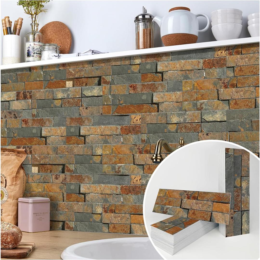 TUOKING 54-Pieces Peel and Stick Backsplash Tiles for Kitchen 4"x 12" PVC Self-Adhesive Subway Matte Faux Stone Wall Panel Brick Stick on Backspalsh for Bathroom(LPM-18-54PCS)