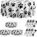 Oudain 3 Pcs Puppy Paw Print Plastic Tablecloth 84 Inch Round Tablecloth Disposable Table Cover Large Cute Puppy Themed Table Cover for Pet Cat Birthday Party Decor (Black and White)