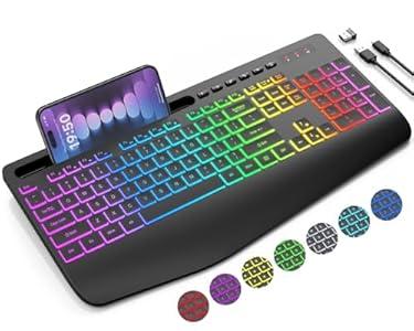 Wireless Keyboard with 9 Effects Backlits, Wrist Rest, Phone Holder, Rechargeable Ergonomic Computer Keyboard with Silent Keys, 2.4G Lag-Free Cordless Set for PC, Laptop, Windows, Mac (Keyboard Only)