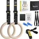 PACEARTH Gymnastics Rings 32mm Wooden Olympic Rings Support 1500lbs Locked Carabiners 9ft Double-Layer Numbered Straps Non-Slip Gym Rings with Foot Straps Door Anchor for Home Gym Full Body Workout