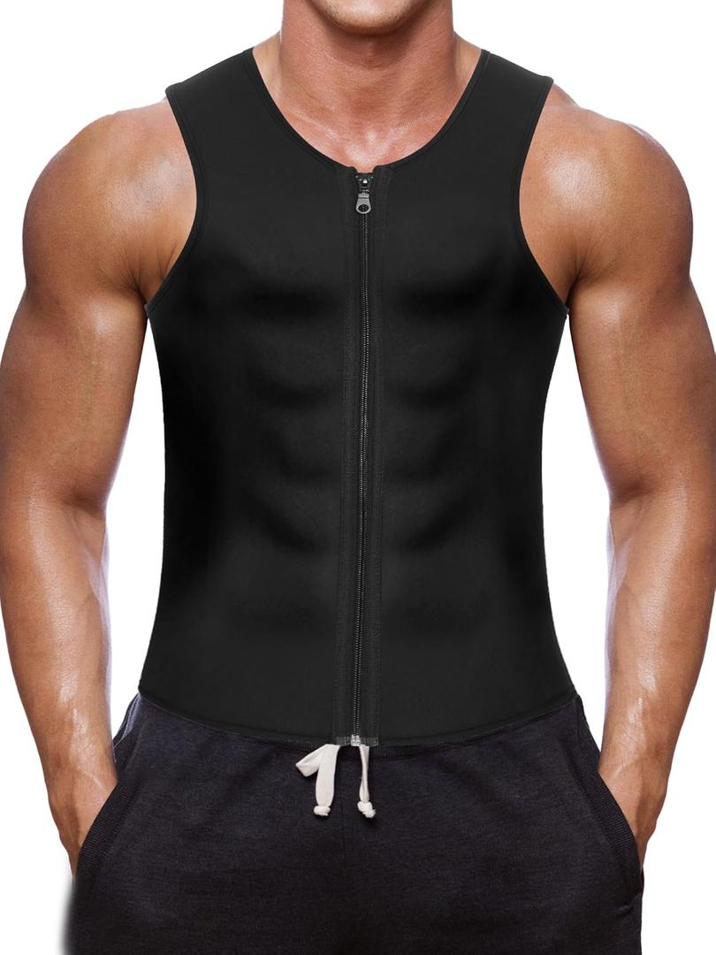 Wonderience Men Waist Trainer Vest Hot Neoprene Sauna Suit Corset Body Shaper Zipper Tank Top Workout Shirt (Large, Black)