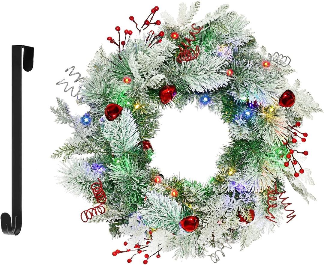 Christmas Wreath for Front Door 24inch - Light Up Artificial Christmas Wreath, Lighted Christmas Wreaths Battery Operated, with Bells and Wreath Hanger, for Front Door Wall Windows Xmas Decoration
