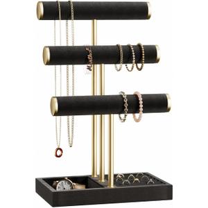 3 Tier Bracelet Holder Display - Detachable T Bar Black Velvet Bracelet Holder, Jewelry Holder Organizer for Bracelet, Necklace, Watches, Rings (Black)