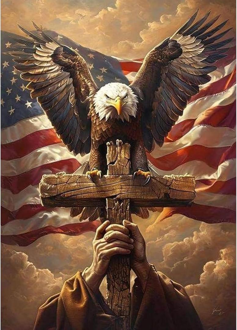 KTHOFCY 5D DIY US Flag Independence Day Eagle Cross Diamond Painting Kits for Adults, US 4th of July Full Drill Crystal Rhinestone Paintings Pictures Arts Wall Decor Painting Dots Kits 11.8X15.7inch