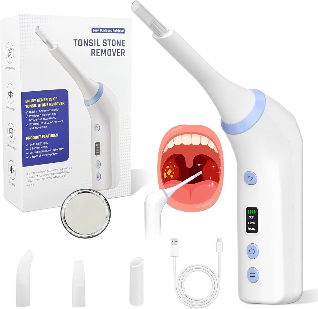 Upgraded Electric Tonsil Stone Remover Gentle Precise and Safe Removal with 3-Type Adjustable Suction & LED Light Food-Grade Material,Rechargeable & Waterproof