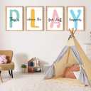 Set of 4 Framed Kids Playroom Wall Art Prints, 12x16' Toddler Nursery Canvas Artwork for Children's Bedroom