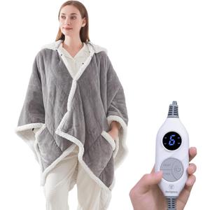 Westinghouse Wearable Heated Throw Blanket, Electric Heated Wrap Poncho Shawl with Pockets, 6 Heating Levels & 2 to 10 Hours Time Settings, 50 x 60 Inch, Light Grey
