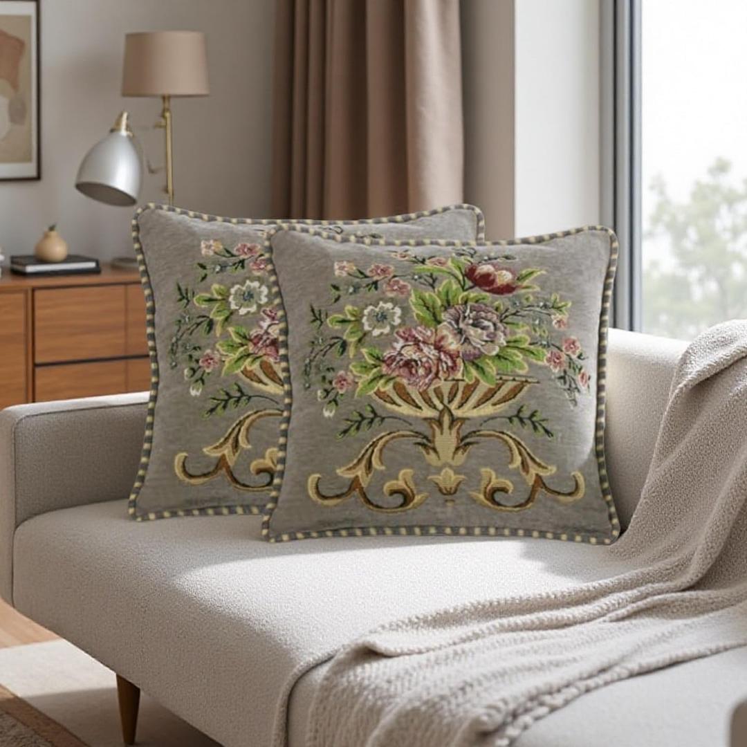 Set of 2 Grey Vintage Throw Pillow Covers 18x18 in, Gray Embroidered Pillows Covers for Sofa Couch, Gray Cushion Covers for Living Room