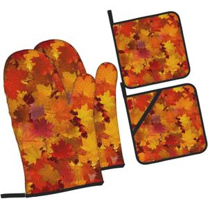 Fall Autumn Maple Leaves Oven Mitts and Pot Holders Sets Heat Resistant Non-Slip Kitchen Potholder Oven Gloves for Baking Cooking Grilling BBQ Mittens Kitchen Decor and Accessories Gifts