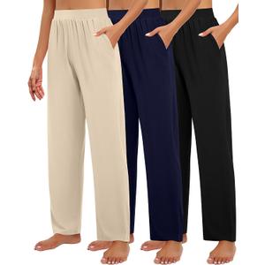 Huukeay 3 Pack Women's Lounge Pants, Cozy Wide Leg Lounge Slacks with Pockets Loose Flowy Yoga Sweatpant Workout Comfy Jogger, M