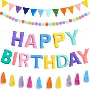 4PCS Pre-Strung Happy Birthday Banner - Felt Happy Birthday Garland, Ball Garland, Felt Pennant Flag, Pastel Thread Tassel Reuasble Party Decorations for Girls Women Kids