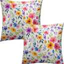 Watercolor Floral Throw Pillow Cover 18x18 Inch Pack of 2 Spring Farmhouse Cushion Pillow Case Square Pink and White Colorful Flowers Pillowcase for Spring Party Bed Sofa Home Car Bedroom Outdoor