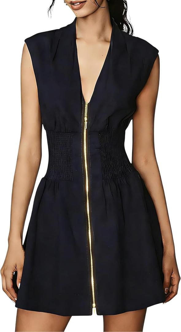 Womens V Neck Summer Dress Cap Sleeve Zipper Mini Dress Smocked Slit Dress with Pockets (Blue, L)