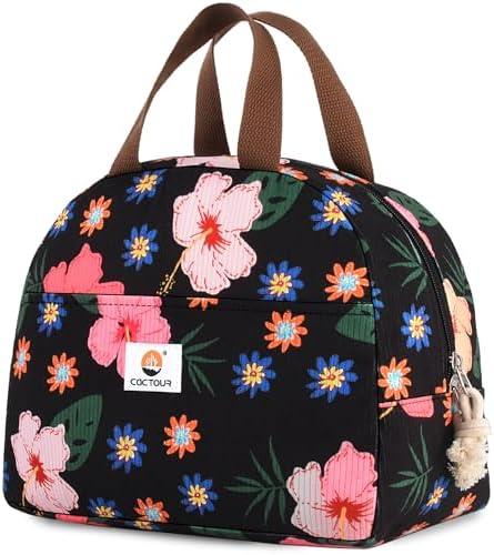 CaCTOUR Large Lunch Box for Women, Cute Lunch Box Cooler Bag, Portable Insulated LunchBox Reusable Corduroy Lunch Tote for Work/Travel/Picnic (Flower)