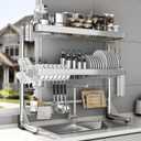 Over The Sink Dish Drainer Drying Rack 3 Tier, Full Stainless Steel Dish Drying Rack Adjustable Length 20.9''-37.4'', Kitchen Sink Shelf, Organized Space-Saving Dish Rack (3 Tier with Flat Grid, Silver)