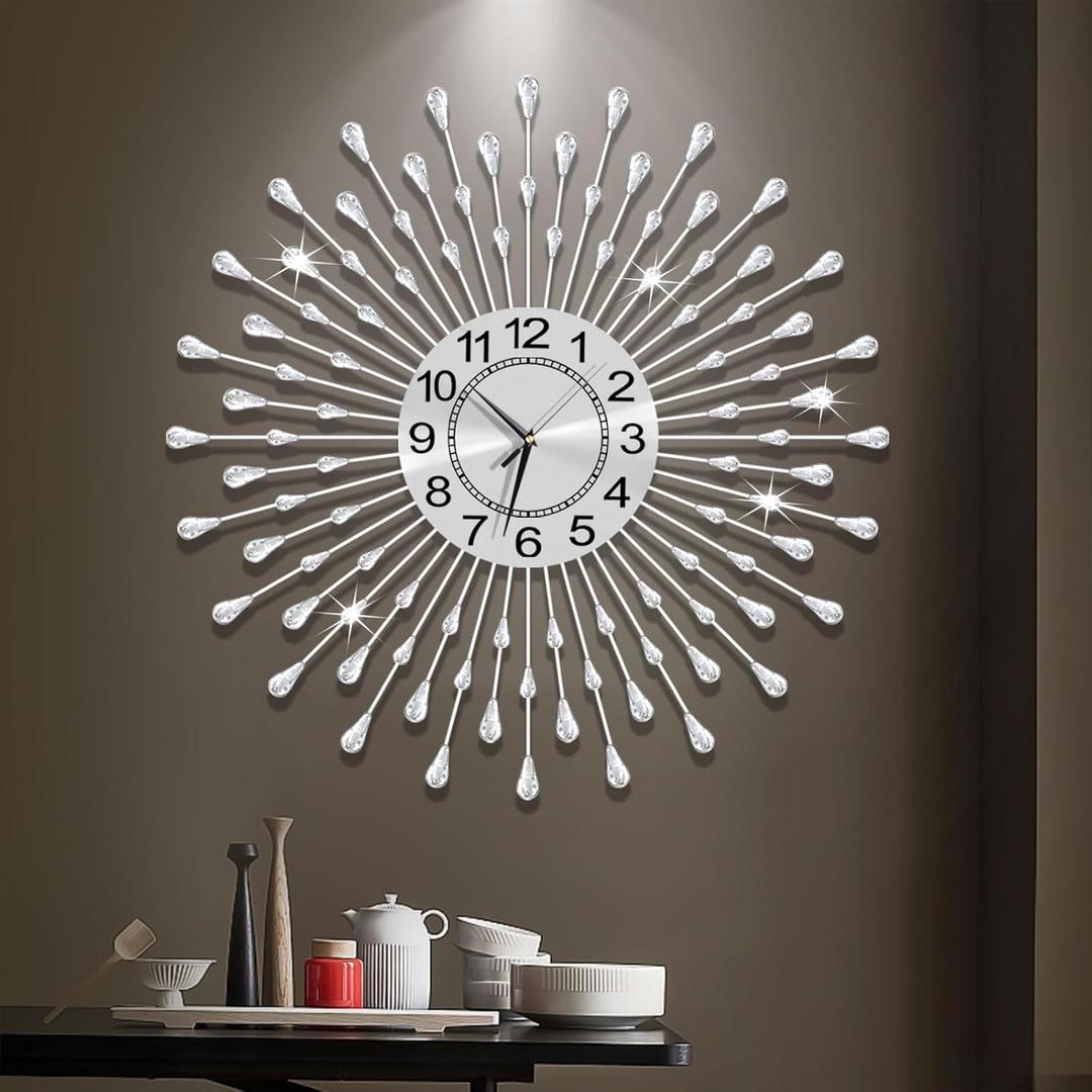 Large Wall Clock Metal Decorative Wall Clocks Silent Non-Ticking,Bling Shining Modern Art Starburst Big Wall Clocks for Living Room Bedroom Dining Room Kitchen Decor,Dia 28 Inch Silver