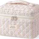 HBselect Large Quilted Makeup Bags for Women, Cute Cotton Travel Cosmetic Bags with Handle, Gifts for Bridesmaids, Portable Coquette Floral Make up Bag, Toiletry Cosmetic Bag