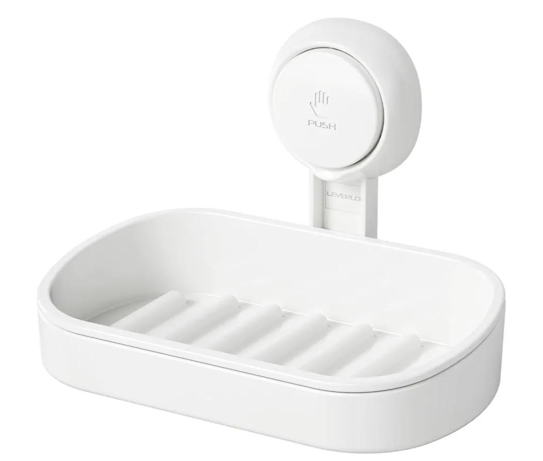 LEVERLOC Soap Dish Holder for Shower Suction Cup Wall Mounted Self Draining NO-Drilling Removable Bar Soap Sponge Holder for Bathroom Bathtub Kitchen Sink Waterproof Strong Vacuum Suction Adhesion