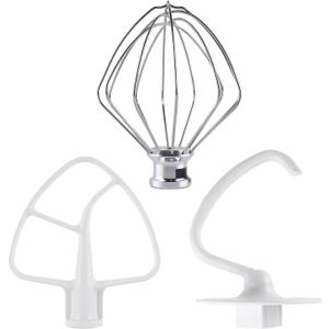 3-Piece Kit Attachments for KitchenAid Tilt-Head Stand Mixer, Accessories Stainless Steel K45WW Wire Whip, K45DH Dough Hook and K45B Coated Flat Blade Paddle with Scraper