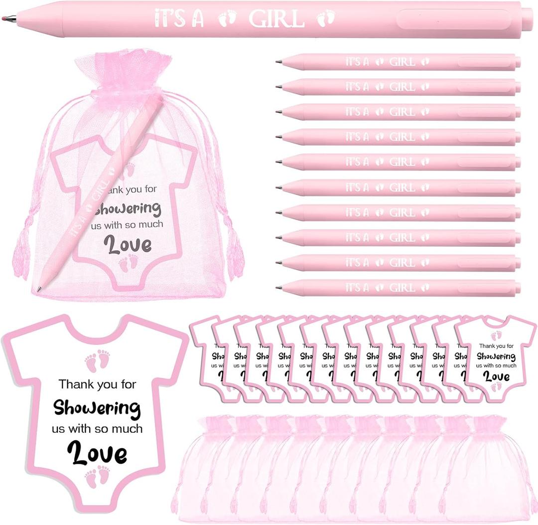 TaoBary 50 Sets Baby Shower Pens Bulk Pink It's a Girl Ballpoint Pens Baby Shower Favors with Thank You Cards and Organza Bags Gender Reveal Guests Decorations