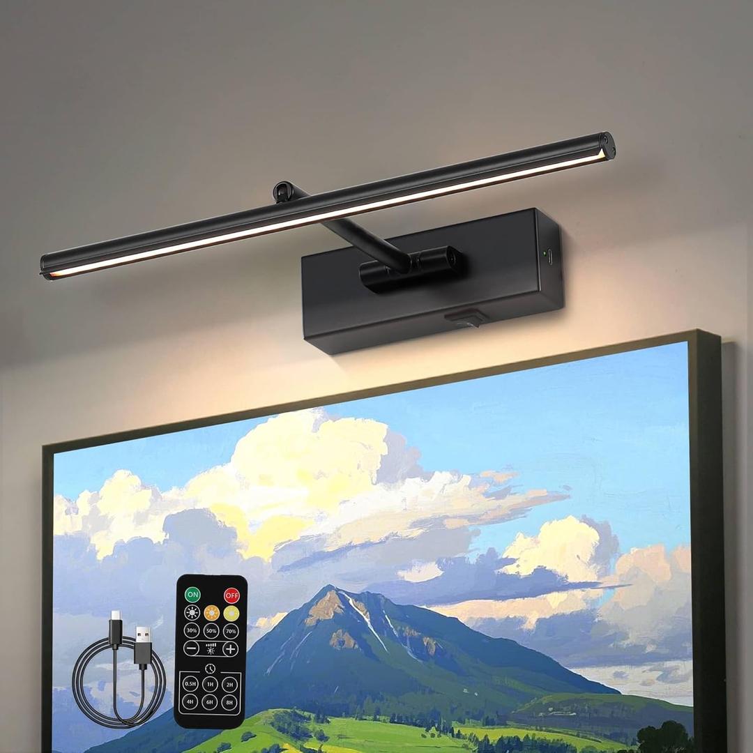 Battery Operated Picture Light with Wireless Remote 3CCT Dimmable Black Wall Art Lights for Paintings 3 Colors Rechargeable home decor Gallery Light 16 Artwork Lighting for Canvas Timer Function