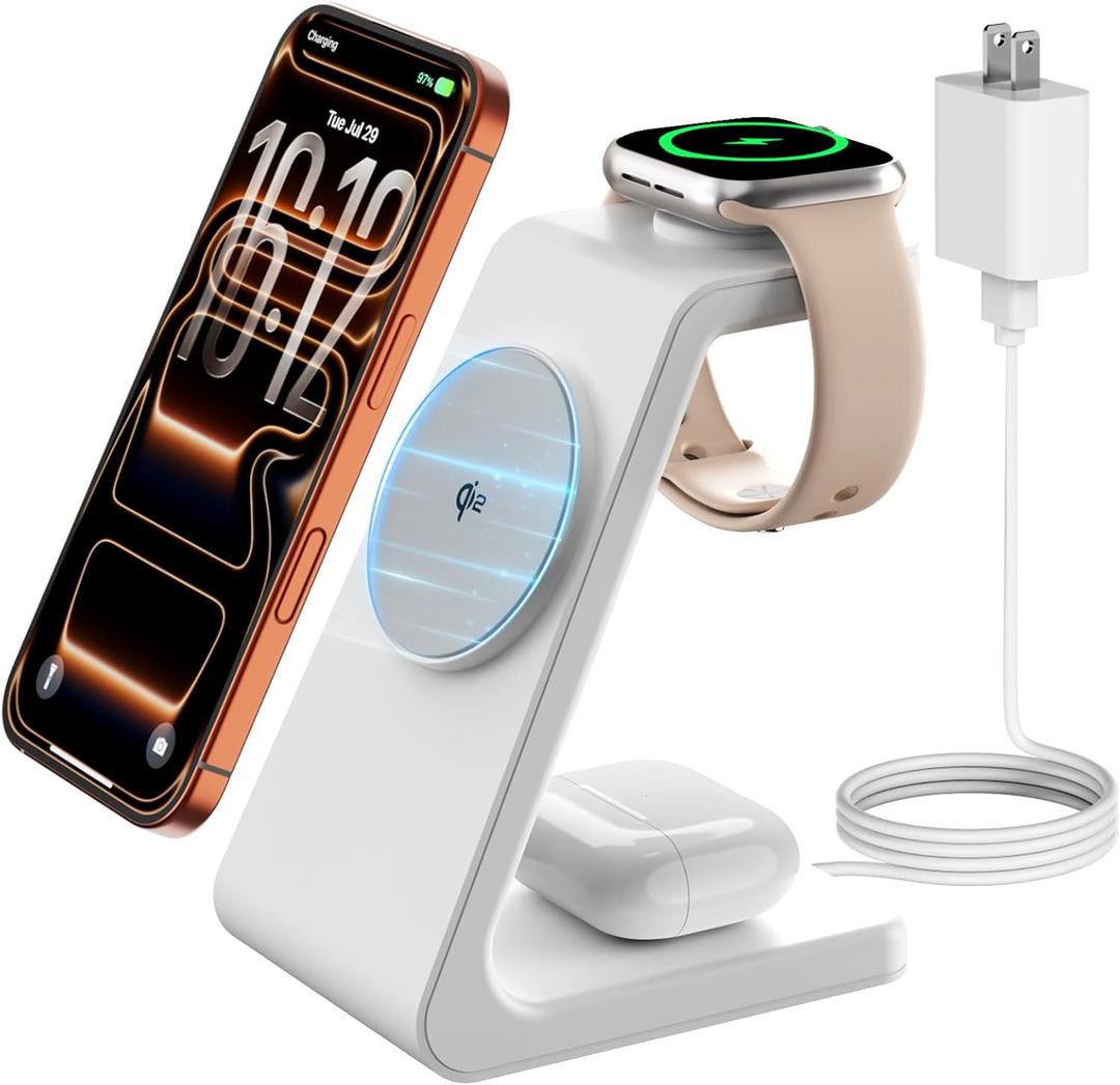 Magsafe Wireless Charging Station for iPhone: Qi2 Certified 15W Fast Charging Station, 3 in 1 Magnetic Charger Stand for iPhone 17/16/15/14/13/12 Series, Apple Watch, AirPods 4/3/Pro (pearl white)