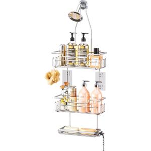 SWTYMIKI Bathroom Shower Caddy Hanging - 3 Tier Rustproof Over Shower Head Organizer, No Drilling Bathroom Shelf with 16 Hooks & Soap Holder, Anti-Swing Rack, Sand Nickel