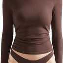 OMKAGI Women Long Sleeve Shirts Cotton Ribbed Fitted Basic Tops Crewneck Y2K Top, L