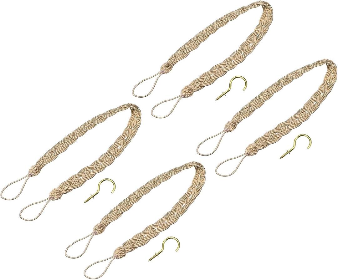 uxcell 4Pcs Curtain Tiebacks, 58cm/23 Braided Drapery Holdback Holder Decorative Rope Tie Back with 4 Metal Hooks, Champagne