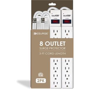 Digital Energy 8 Outlet Surge Protector - 15 AMP, 1875 W, 125 V, 350 J Surge Protection, ETL Listed - Flat Plug (White, 3 FT (Pack of 2)