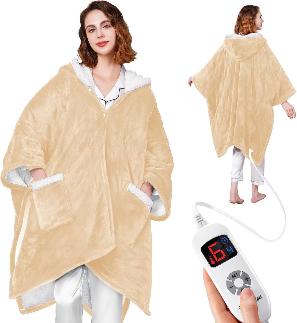 Wearable Heated Blanket - Cozy Gift for Women, Mom, Men| Reversible Flannel & Sherpa Electric Wrap with Pockets & Hood, 6 Heat Levels, 1-4H Timer, ETL Safe, Machine Wash, 50"x70" Beige (Yellow&ivory)