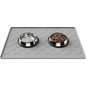 Pieviev 24''x16'' Dog Cat Food Bowl Mat, Silicone Waterproof Food Grade Pet Food Mat for Floor, High Raised Edge to Prevent Spills, Non-Slip & Easy Clean Pet Placemat for Dog & Cat Bowls, Light Gray
