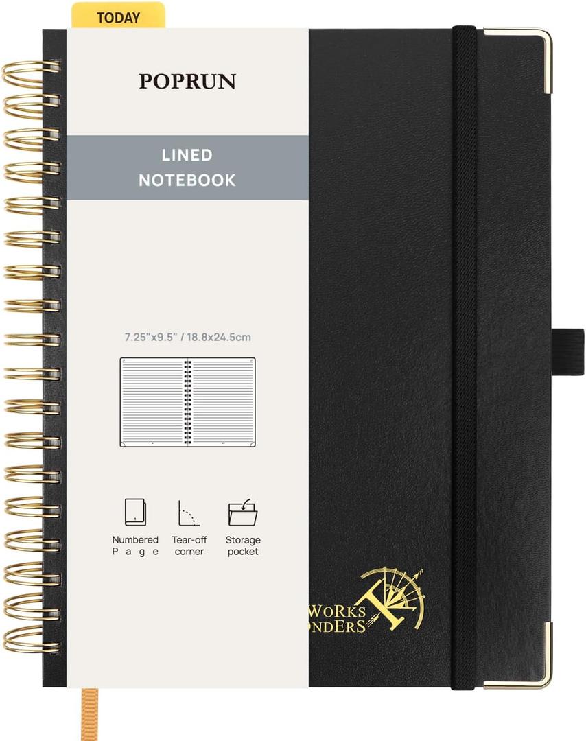 POPRUN Lined Spiral Journal Notebook for Women & Men, 7-1/4" x 9-1/2", 220 Numbered Pages, College Ruled Hardcover Notebook for Work, Journals for Writing, 120 GSM Thick Paper - Black