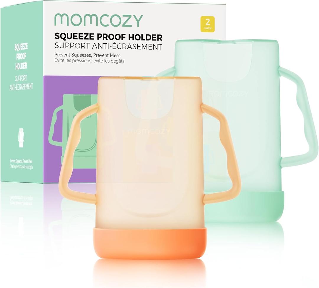 Momcozy Baby Pouch Holder No Squeeze for Food Pouches and Drink Boxes, Allows Baby to Self-feed and Avoid Messes, Baby Food Pouch Holder Handle is Easy to Grip, Comfortable, Green&Orange