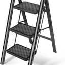 HBTower Step Ladder, Folding Step Stool, Portable Sturdy Steel Ladder Stool for Adults with Anti-Slip Wide Pedals Home Outdoor Kitchen, Black